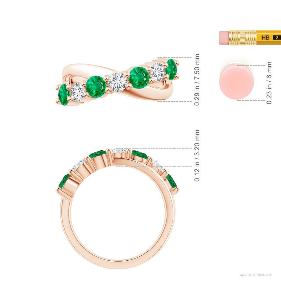 4mm AAA Round Emerald and Diamond Crossover Ring in 18K Rose Gold ruler
