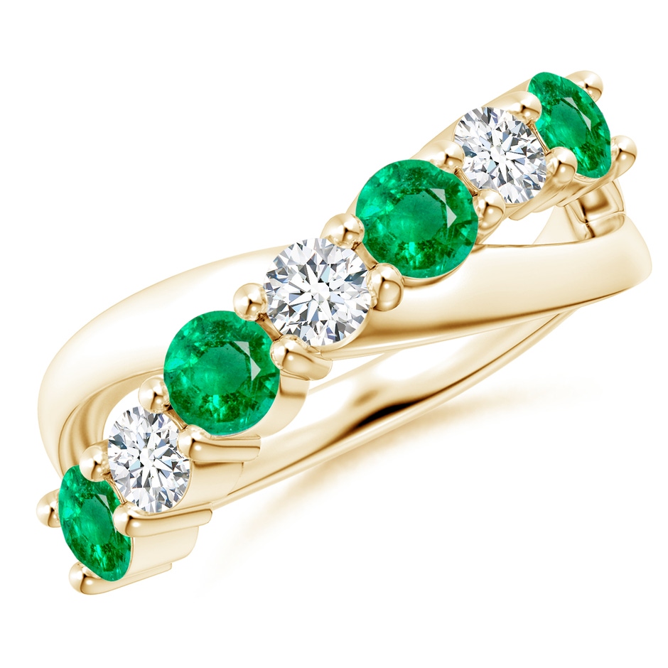 4mm AAA Round Emerald and Diamond Crossover Ring in 18K Yellow Gold 