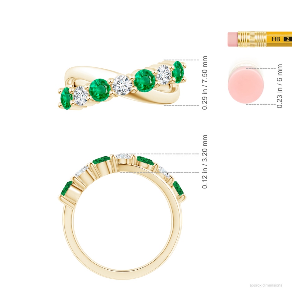 4mm AAA Round Emerald and Diamond Crossover Ring in 18K Yellow Gold ruler