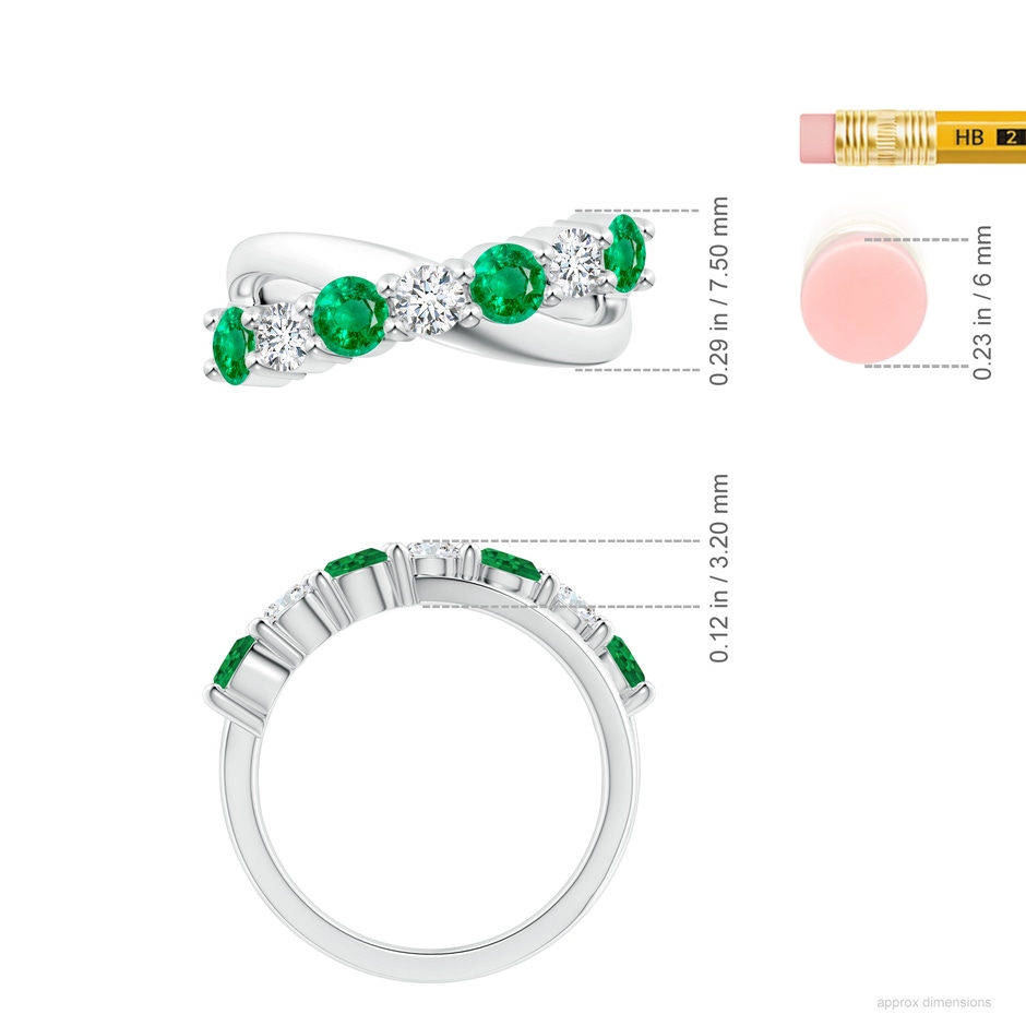4mm AAA Round Emerald and Diamond Crossover Ring in White Gold ruler