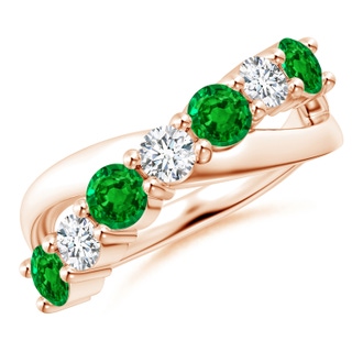 4mm AAAA Round Emerald and Diamond Crossover Ring in 9K Rose Gold