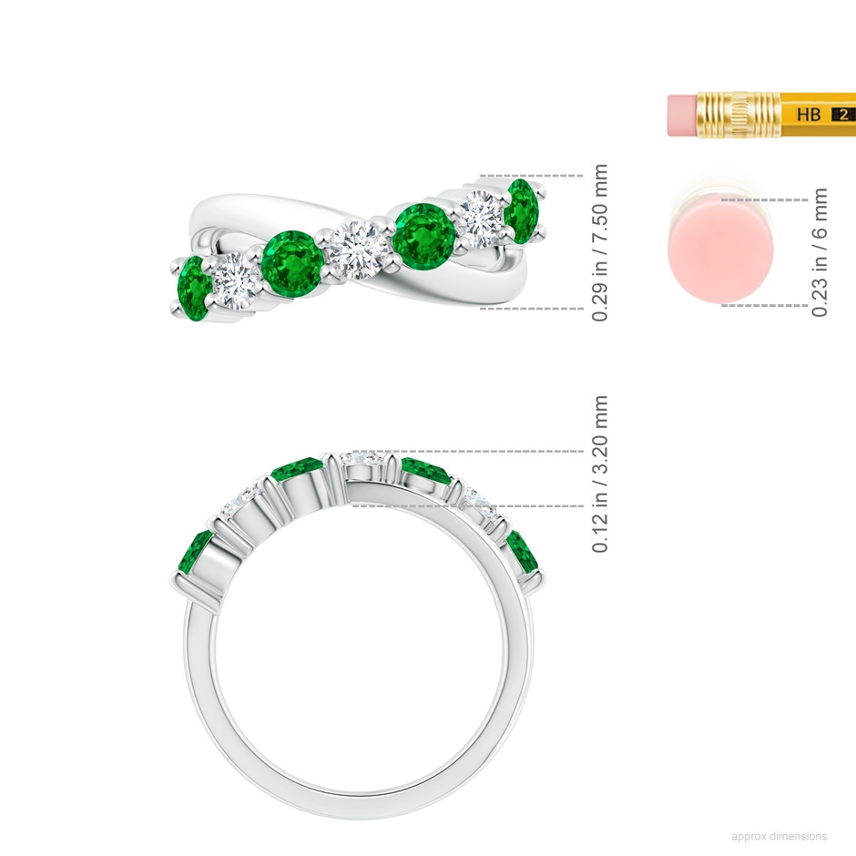 4mm AAAA Round Emerald and Diamond Crossover Ring in P950 Platinum ruler