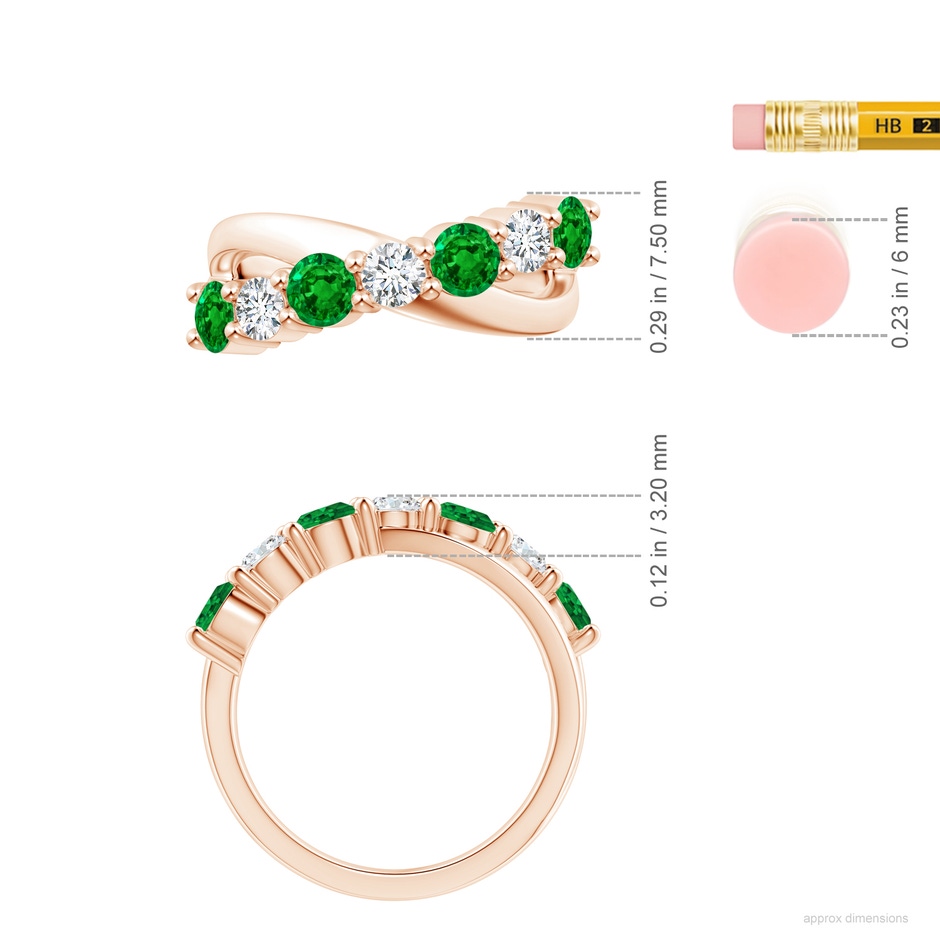 4mm AAAA Round Emerald and Diamond Crossover Ring in Rose Gold ruler