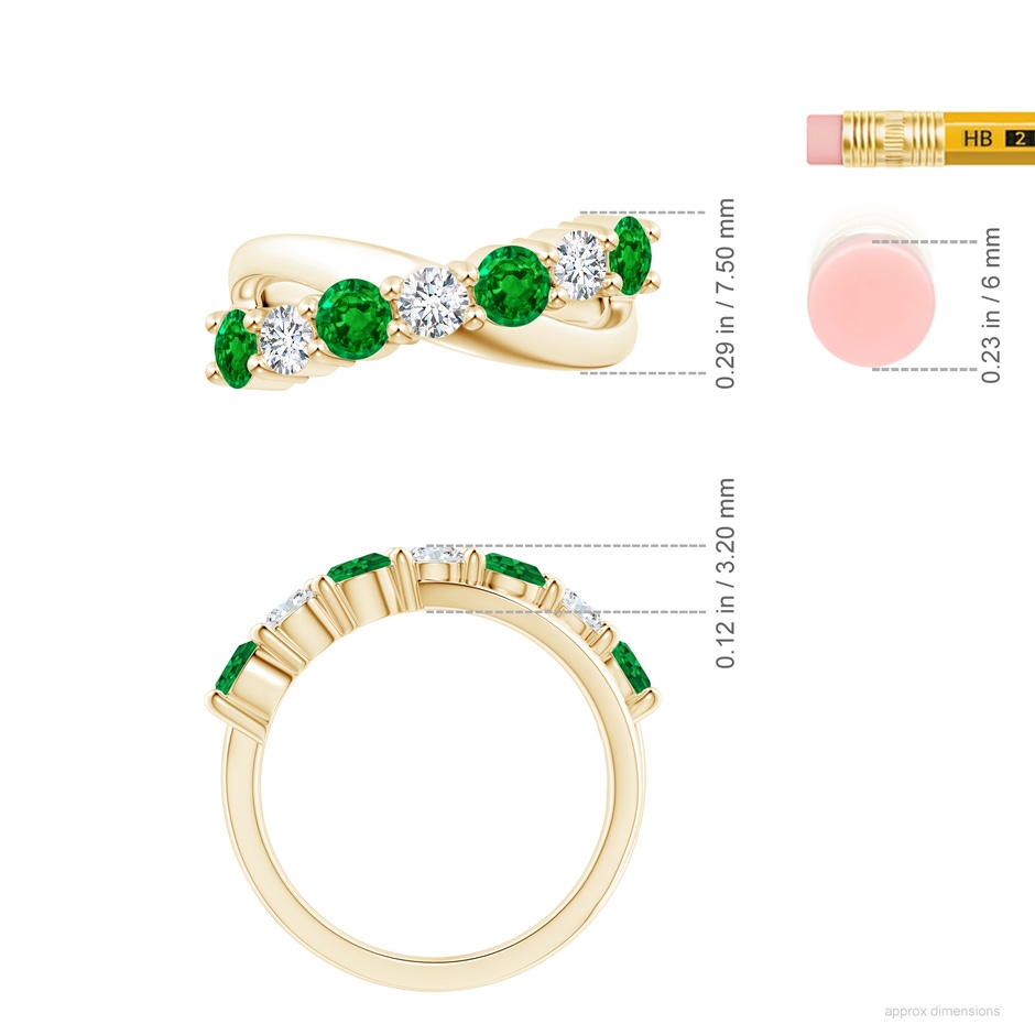 4mm AAAA Round Emerald and Diamond Crossover Ring in Yellow Gold ruler