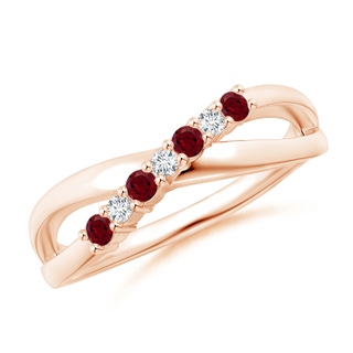 2mm AA Round Garnet and Diamond Crossover Ring in Rose Gold