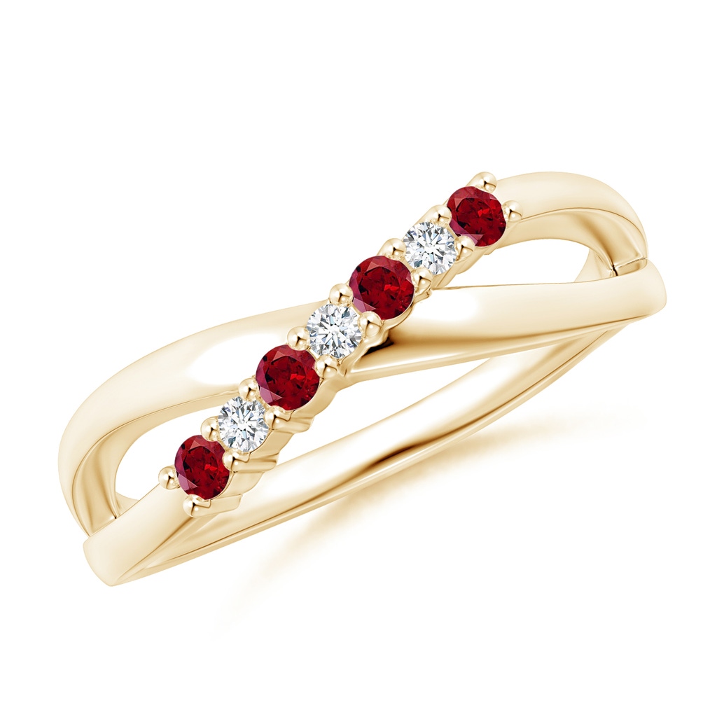 2mm AAAA Round Garnet and Diamond Crossover Ring in Yellow Gold