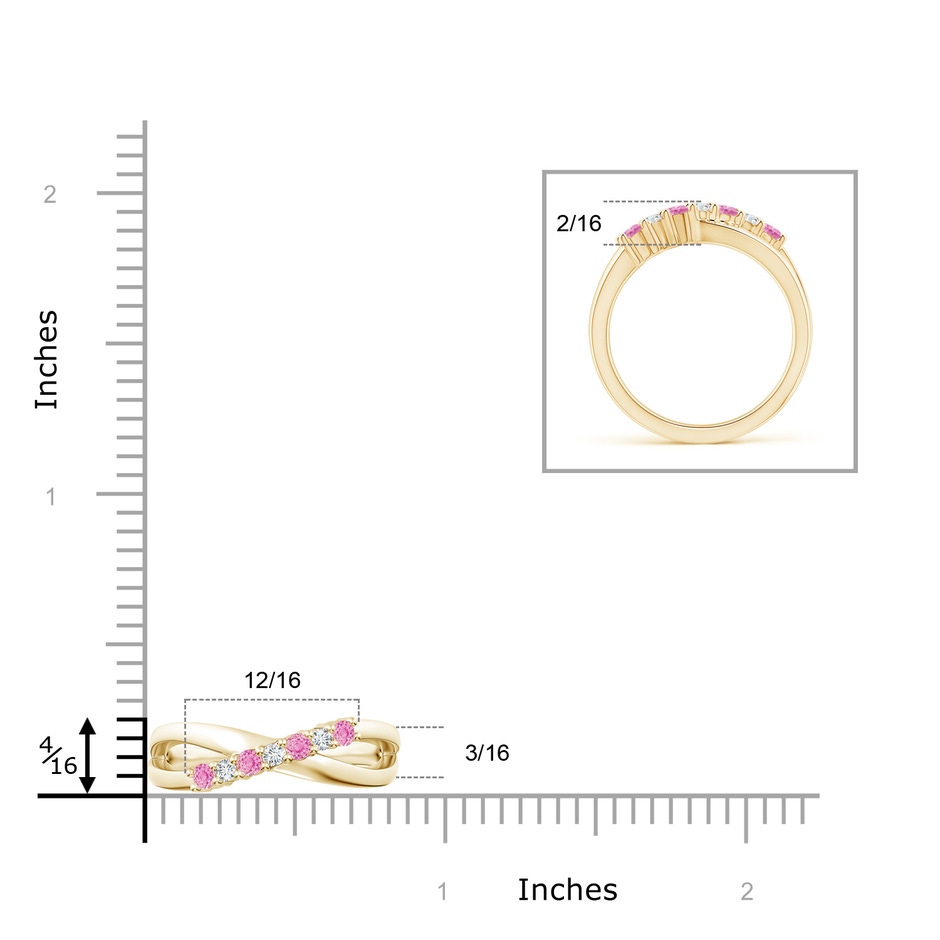 2.5mm A Round Pink Sapphire and Diamond Crossover Ring in Yellow Gold ruler