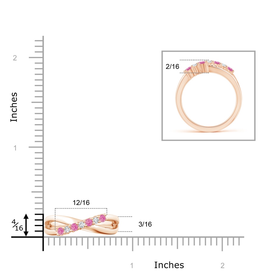 2.5mm AA Round Pink Sapphire and Diamond Crossover Ring in Rose Gold ruler
