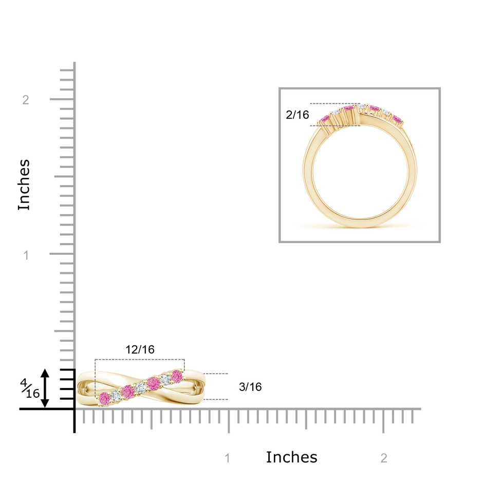 2.5mm AA Round Pink Sapphire and Diamond Crossover Ring in Yellow Gold ruler