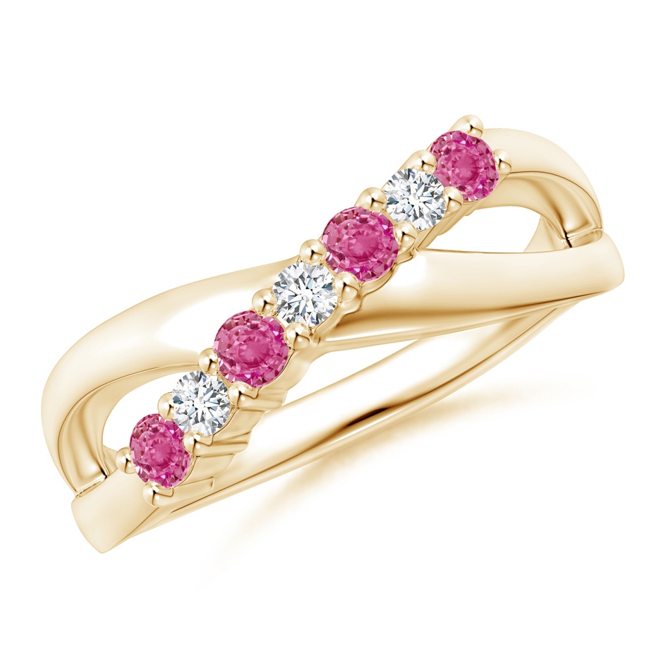 2.5mm AAA Round Pink Sapphire and Diamond Crossover Ring in Yellow Gold 