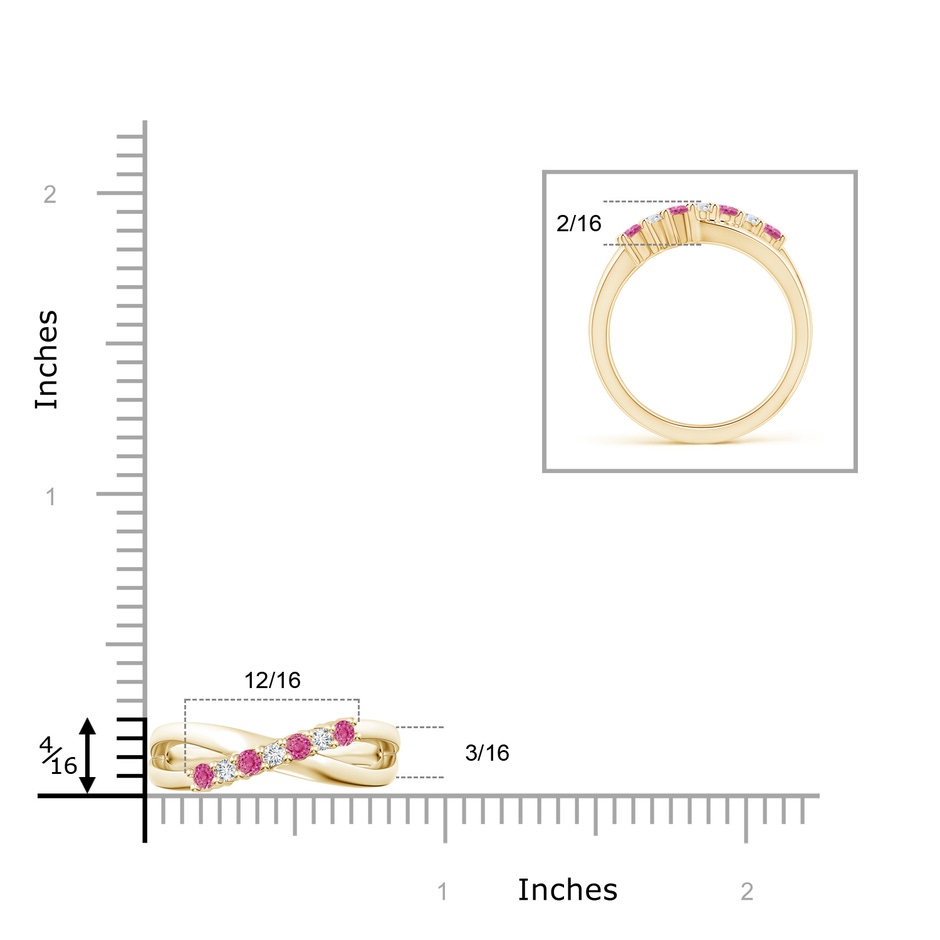 2.5mm AAA Round Pink Sapphire and Diamond Crossover Ring in Yellow Gold ruler