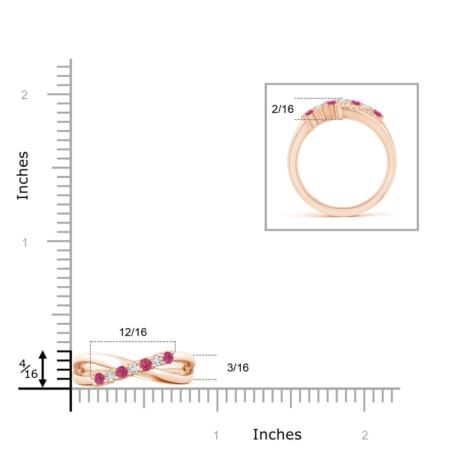 2.5mm AAAA Round Pink Sapphire and Diamond Crossover Ring in Rose Gold ruler