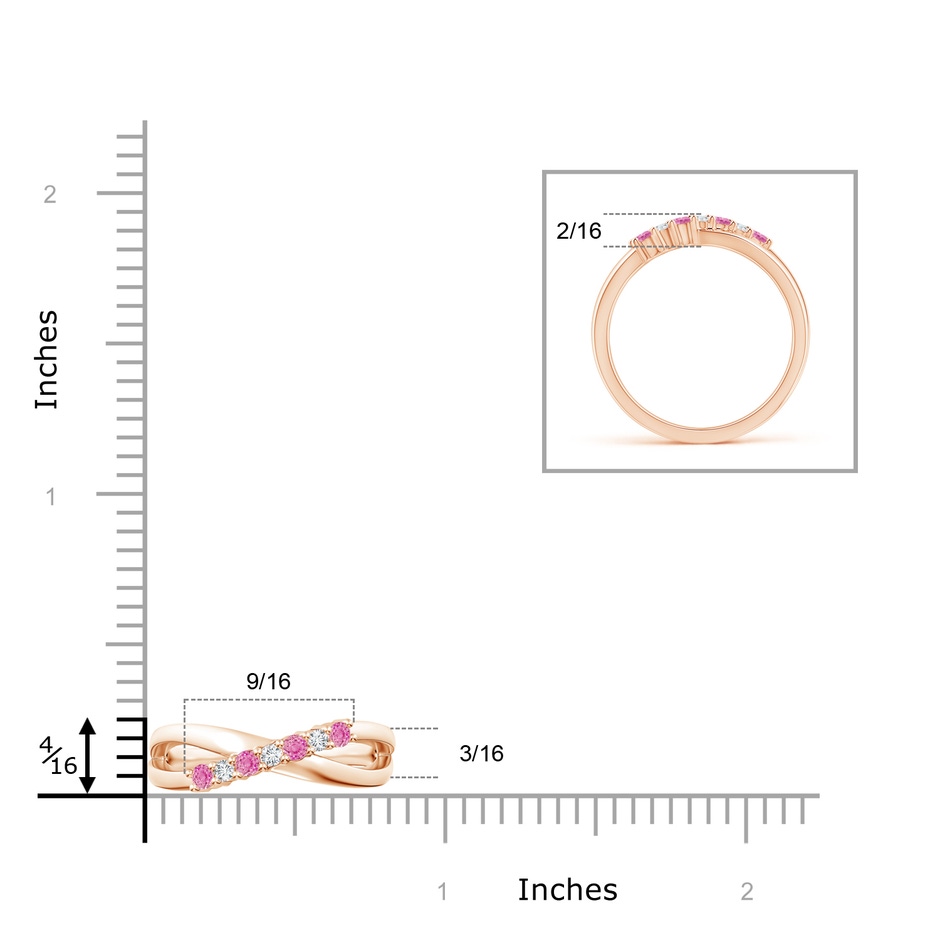 2mm AA Round Pink Sapphire and Diamond Crossover Ring in Rose Gold ruler