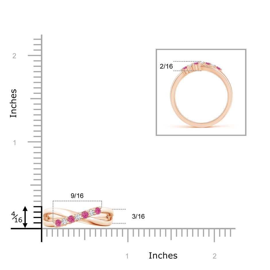 2mm AAA Round Pink Sapphire and Diamond Crossover Ring in Rose Gold ruler