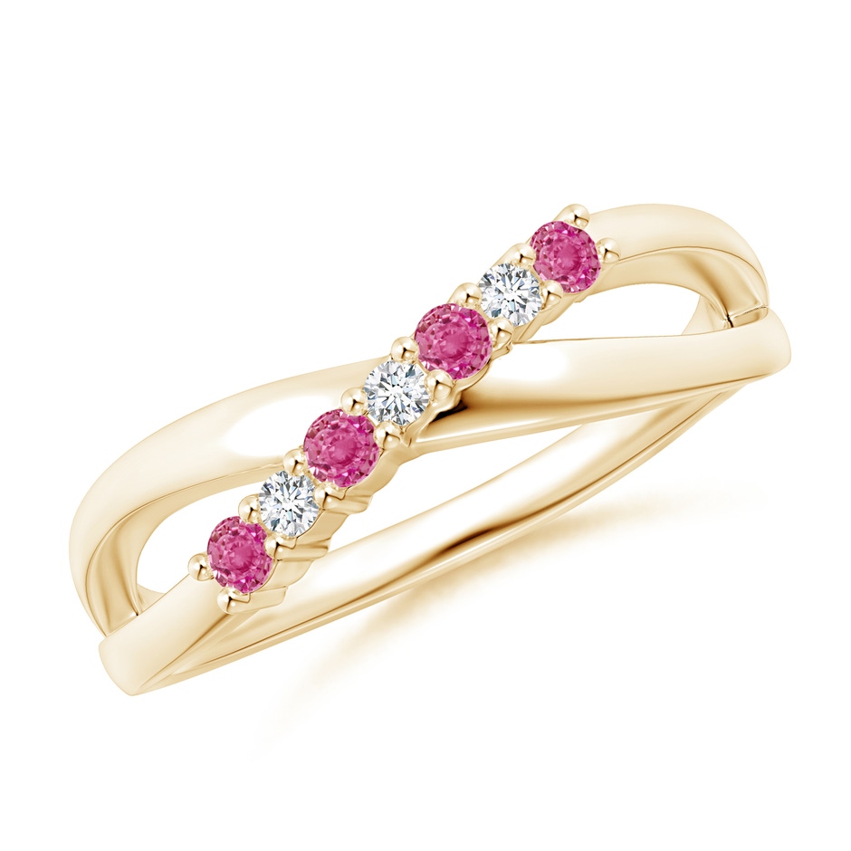 2mm AAA Round Pink Sapphire and Diamond Crossover Ring in Yellow Gold 