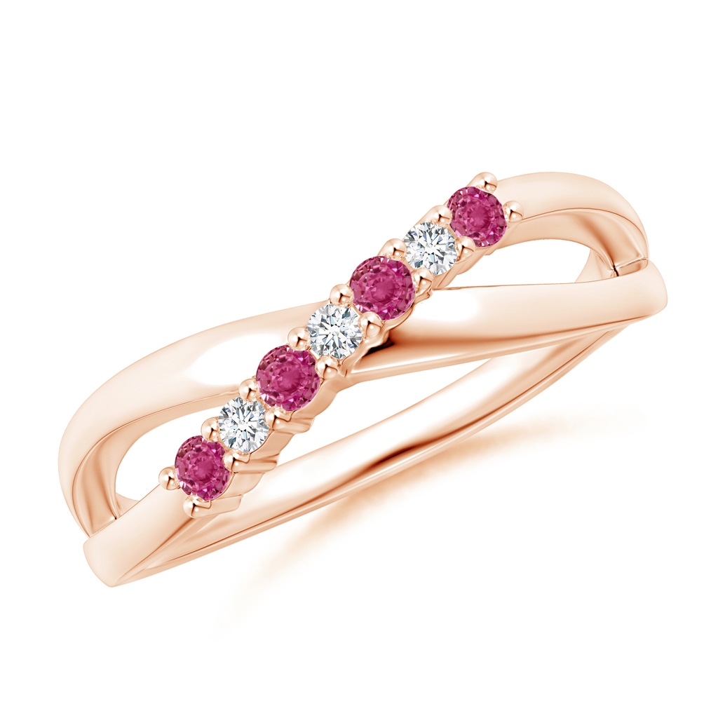 2mm AAAA Round Pink Sapphire and Diamond Crossover Ring in Rose Gold