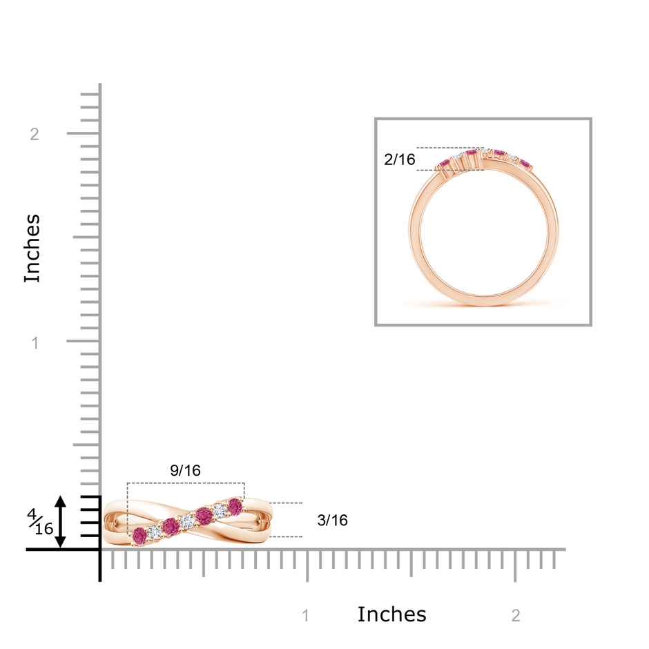 2mm AAAA Round Pink Sapphire and Diamond Crossover Ring in Rose Gold ruler