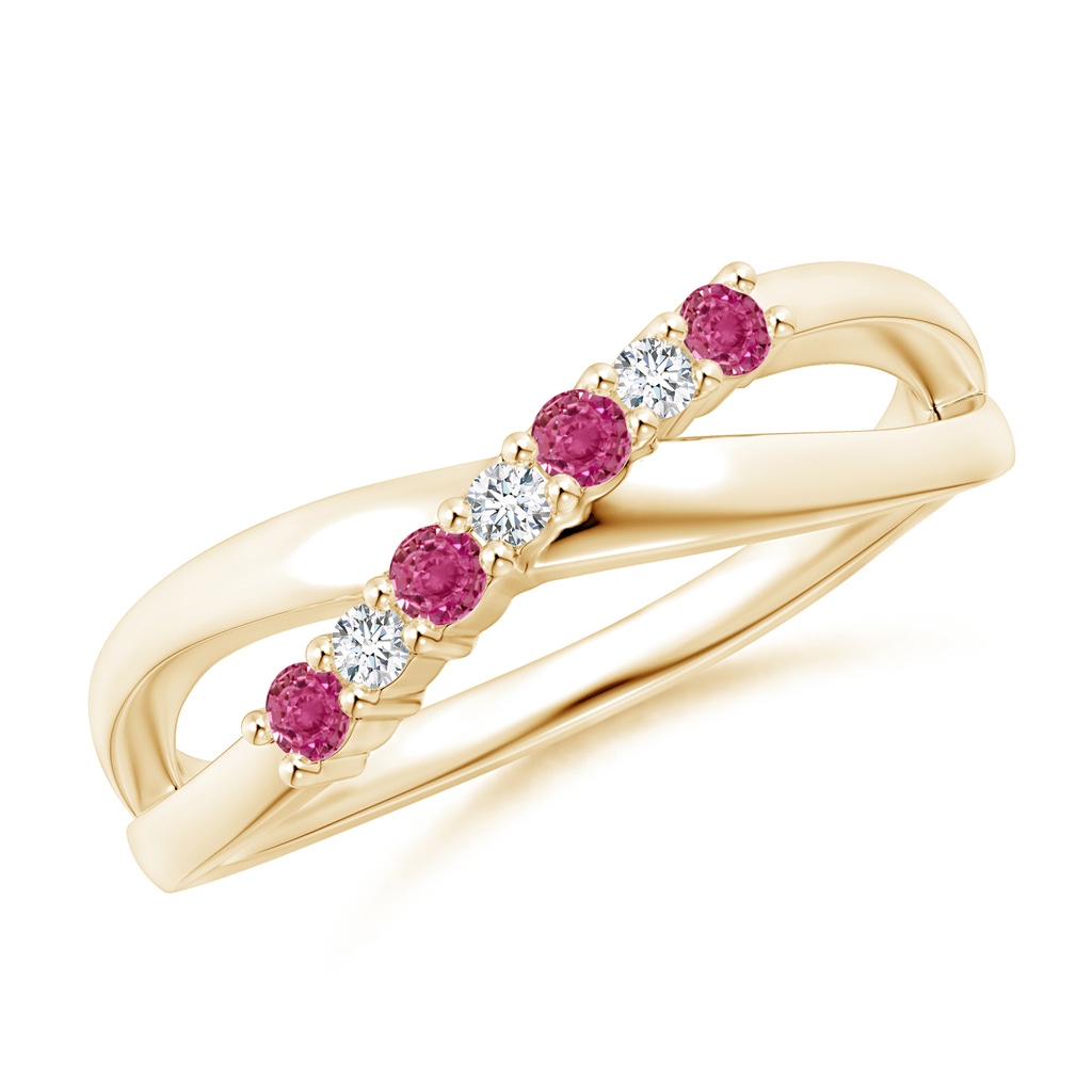 2mm AAAA Round Pink Sapphire and Diamond Crossover Ring in Yellow Gold