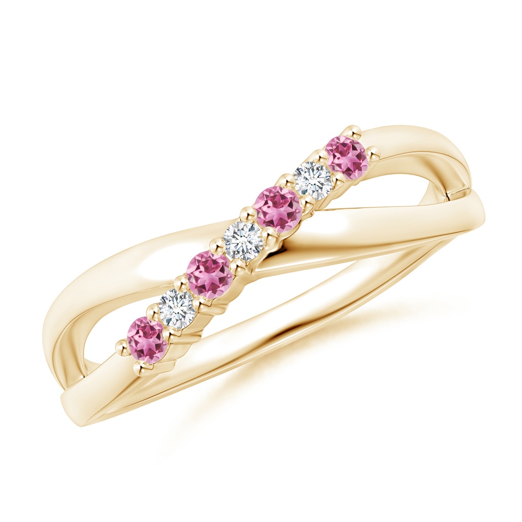 2mm AAA Round Pink Tourmaline and Diamond Crossover Ring in Yellow Gold