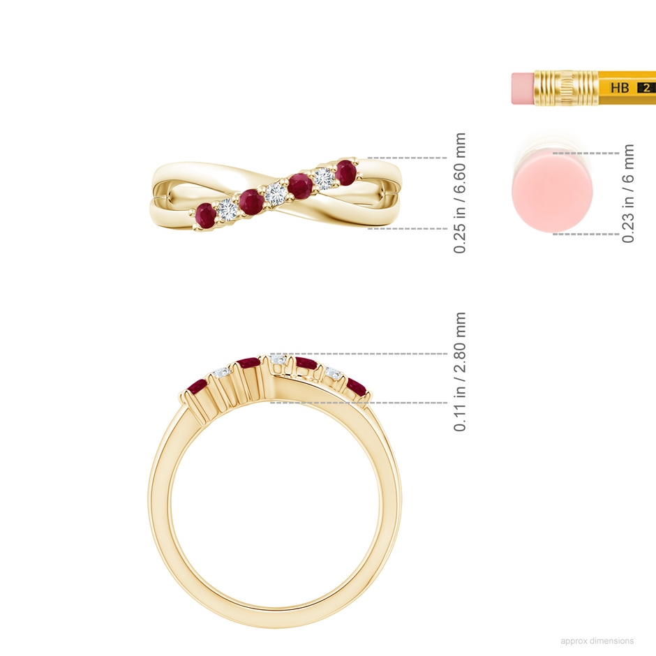 2.5mm A Round Ruby and Diamond Crossover Ring in Yellow Gold ruler