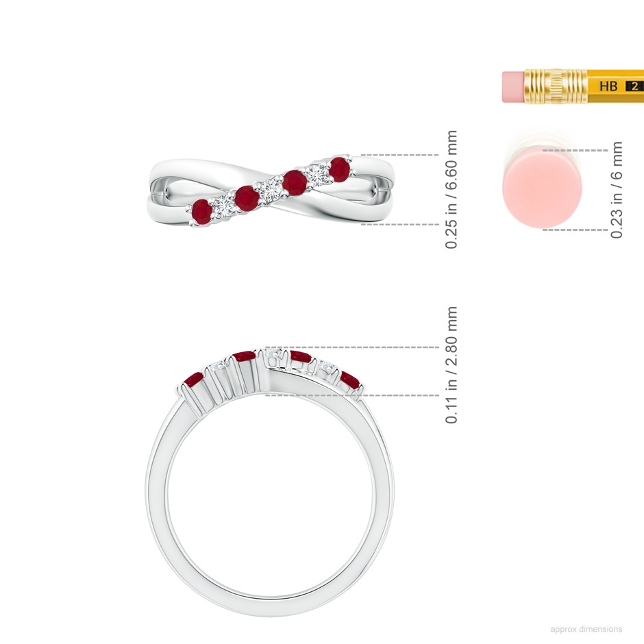 2.5mm AA Round Ruby and Diamond Crossover Ring in P950 Platinum ruler