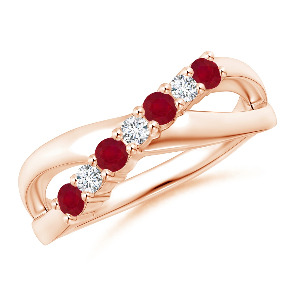 2.5mm AA Round Ruby and Diamond Crossover Ring in Rose Gold 