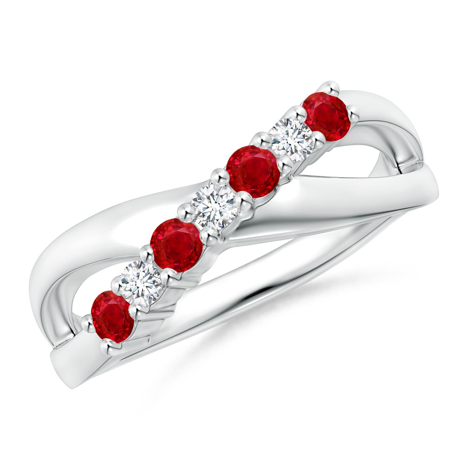2.5mm AAA Round Ruby and Diamond Crossover Ring in 18K White Gold
