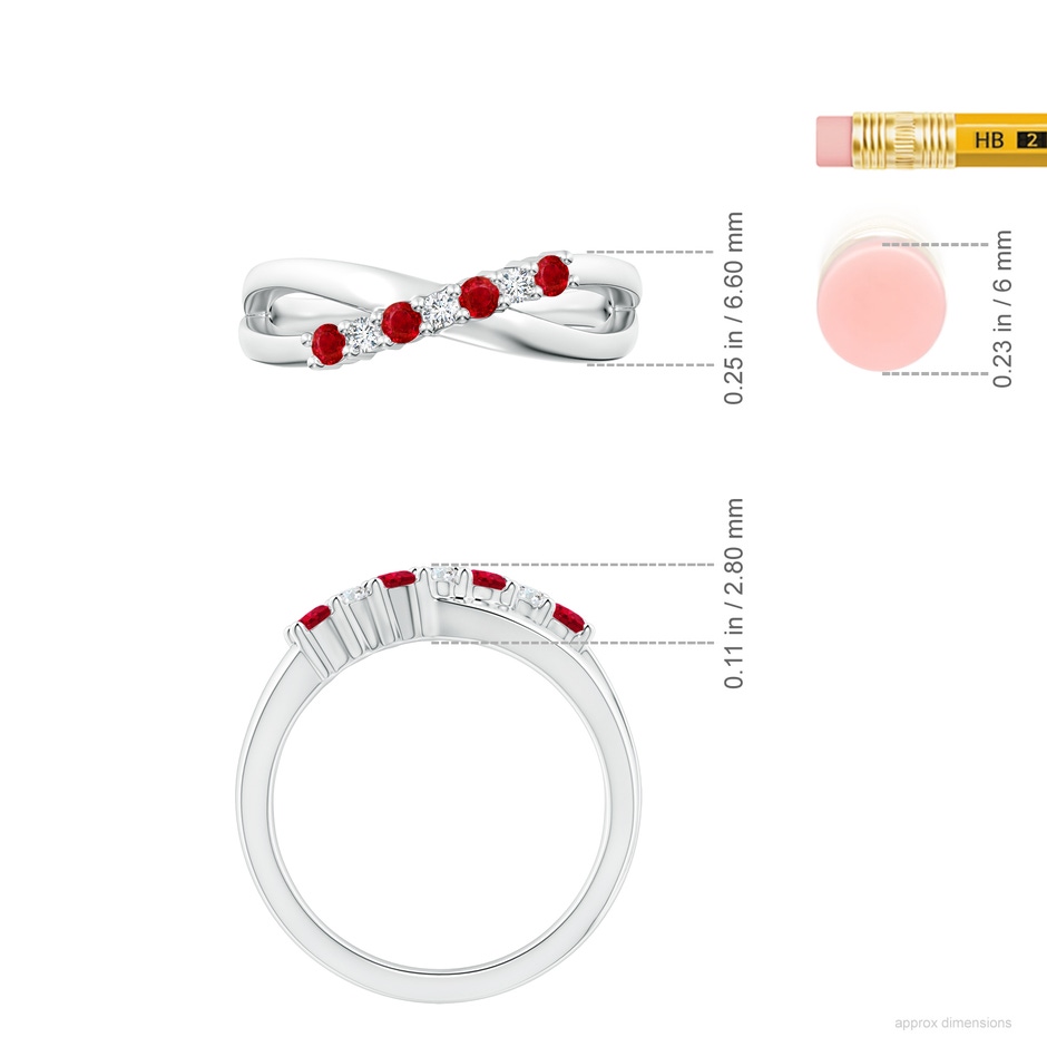 2.5mm AAA Round Ruby and Diamond Crossover Ring in White Gold ruler