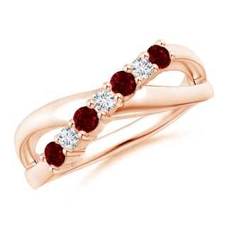 2.5mm AAAA Round Ruby and Diamond Crossover Ring in 18K Rose Gold