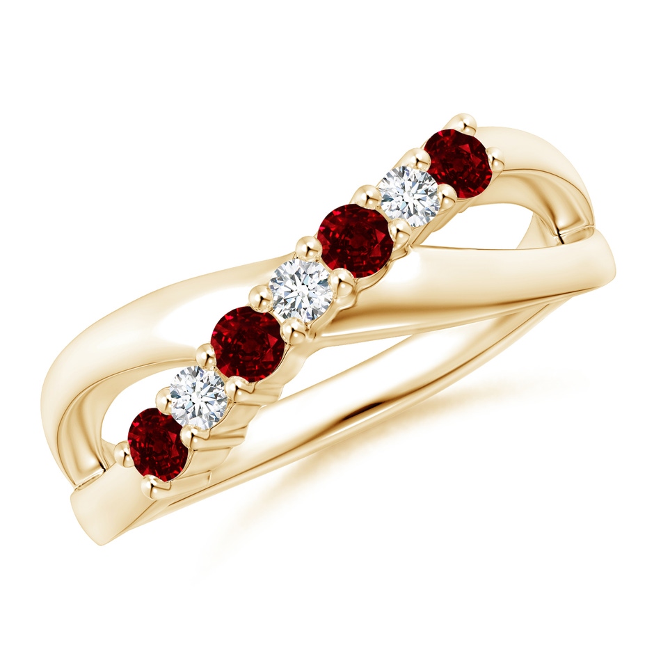 2.5mm AAAA Round Ruby and Diamond Crossover Ring in Yellow Gold 