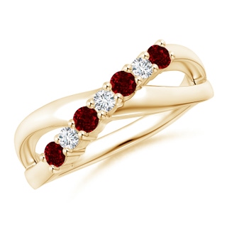2.5mm AAAA Round Ruby and Diamond Crossover Ring in Yellow Gold