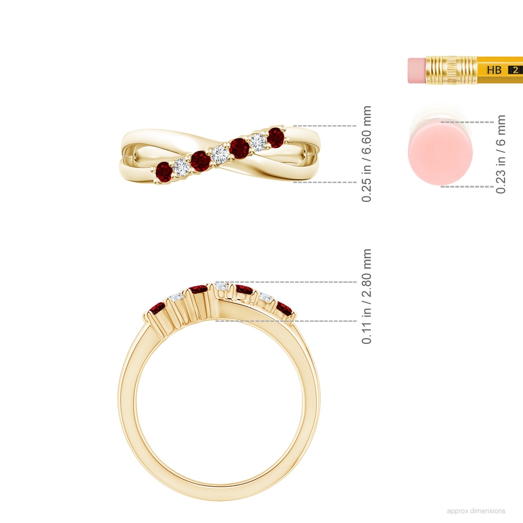 2.5mm AAAA Round Ruby and Diamond Crossover Ring in Yellow Gold ruler