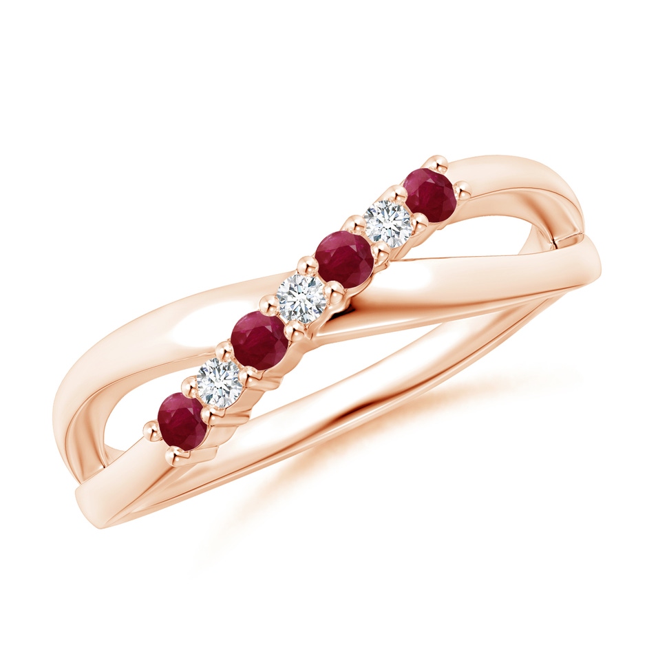 2mm A Round Ruby and Diamond Crossover Ring in Rose Gold 