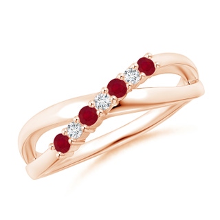 2mm AA Round Ruby and Diamond Crossover Ring in Rose Gold