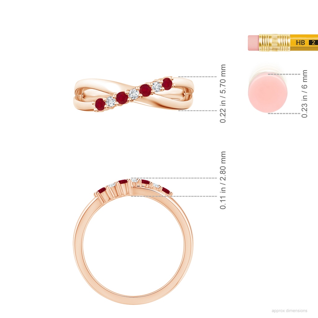 2mm AA Round Ruby and Diamond Crossover Ring in Rose Gold ruler