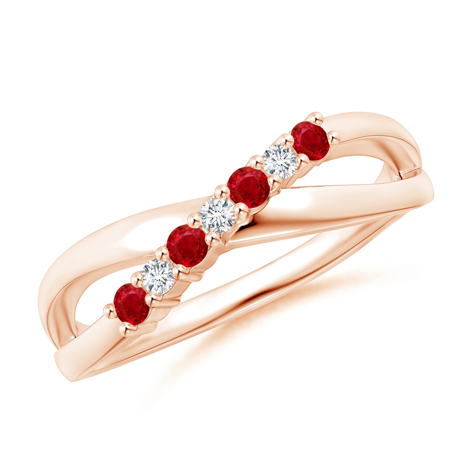 2mm AAA Round Ruby and Diamond Crossover Ring in Rose Gold 