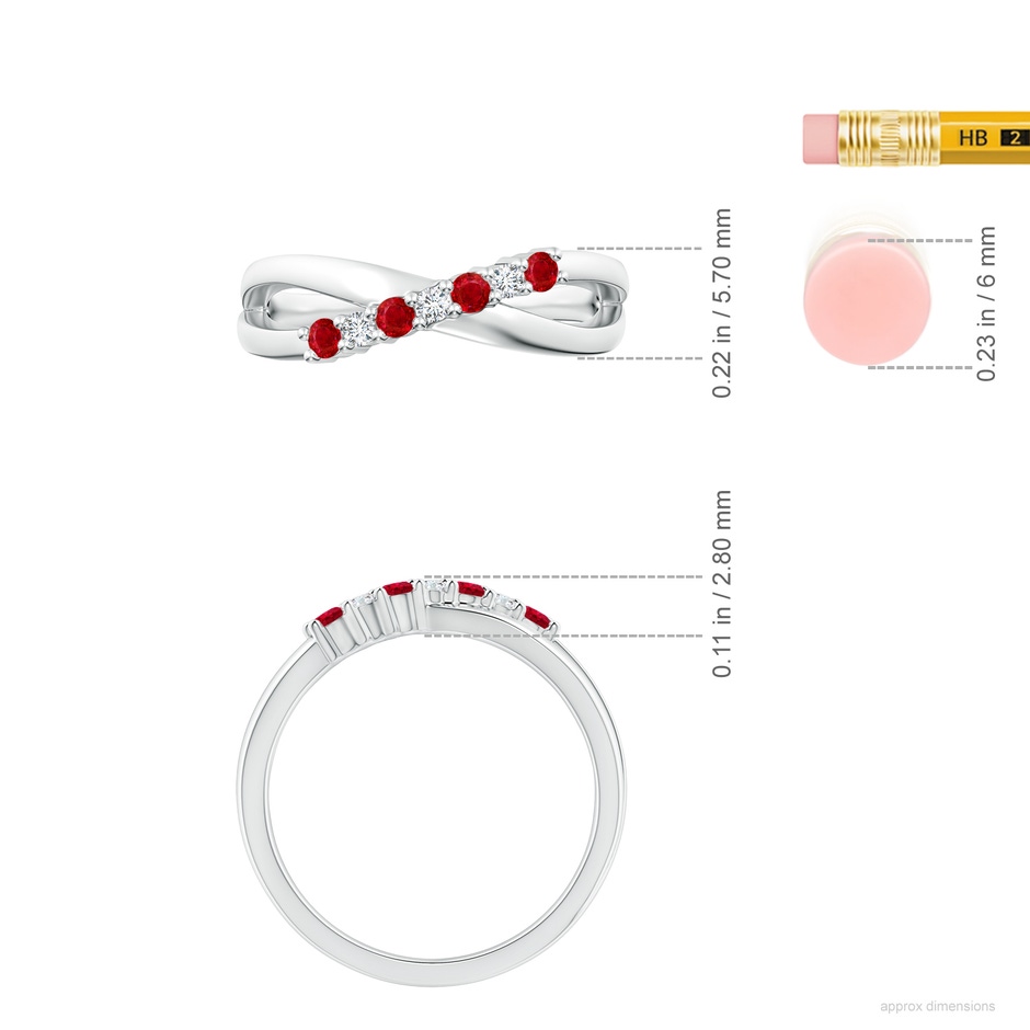 2mm AAA Round Ruby and Diamond Crossover Ring in White Gold ruler