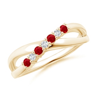 2mm AAA Round Ruby and Diamond Crossover Ring in Yellow Gold