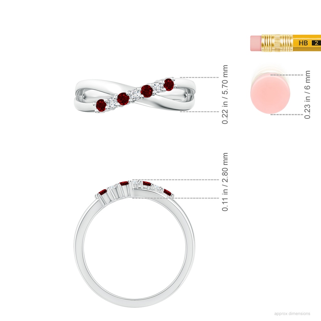 2mm AAAA Round Ruby and Diamond Crossover Ring in P950 Platinum ruler