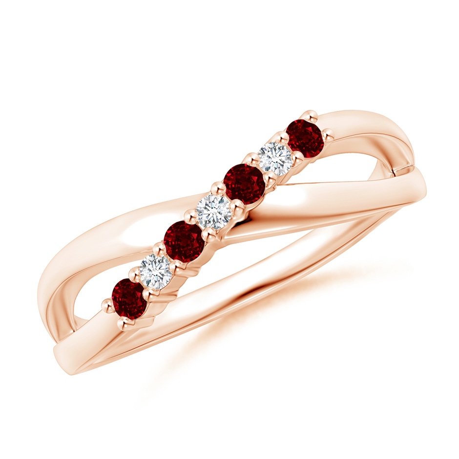 2mm AAAA Round Ruby and Diamond Crossover Ring in Rose Gold 