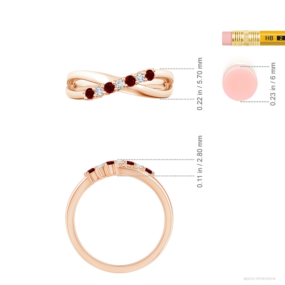 2mm AAAA Round Ruby and Diamond Crossover Ring in Rose Gold ruler