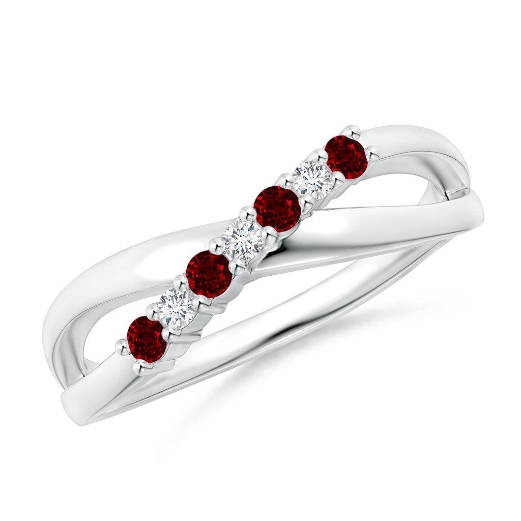 2mm AAAA Round Ruby and Diamond Crossover Ring in White Gold