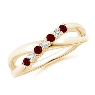 2mm AAAA Round Ruby and Diamond Crossover Ring in Yellow Gold