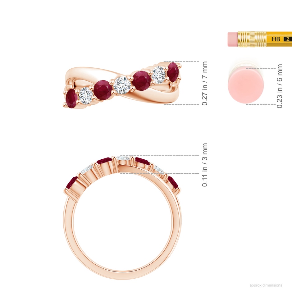 3.5mm A Round Ruby and Diamond Crossover Ring in Rose Gold ruler