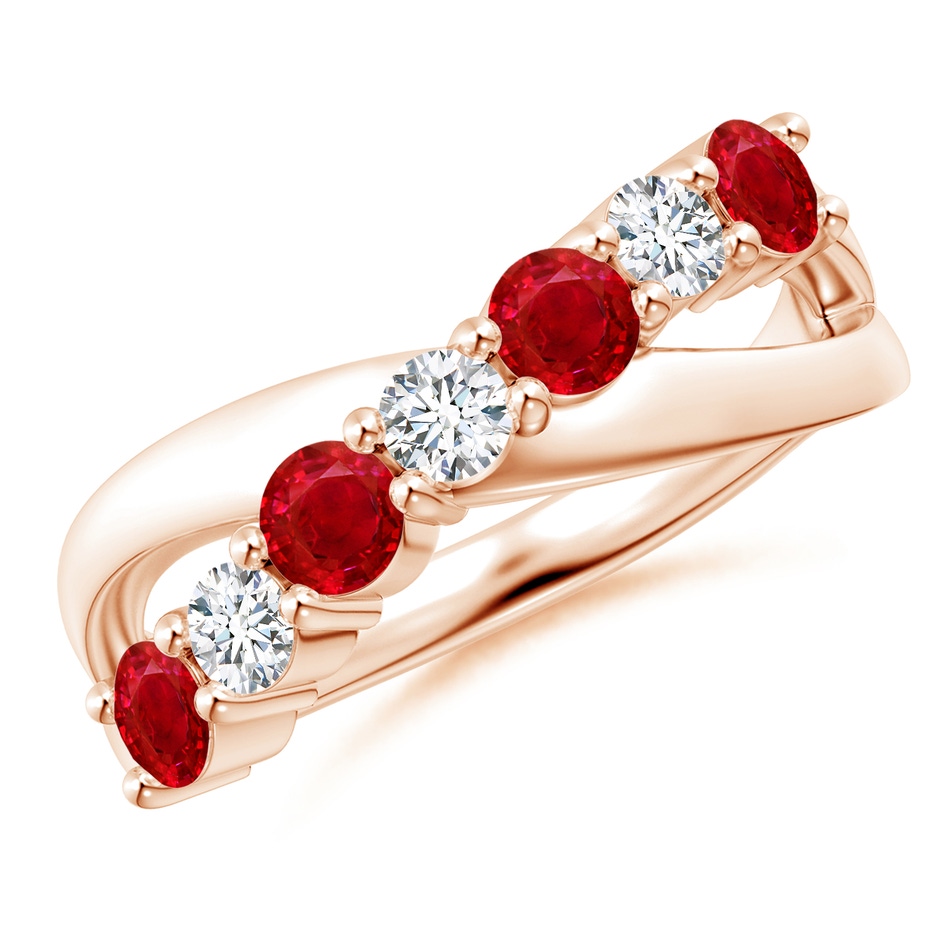 3.5mm AAA Round Ruby and Diamond Crossover Ring in Rose Gold 