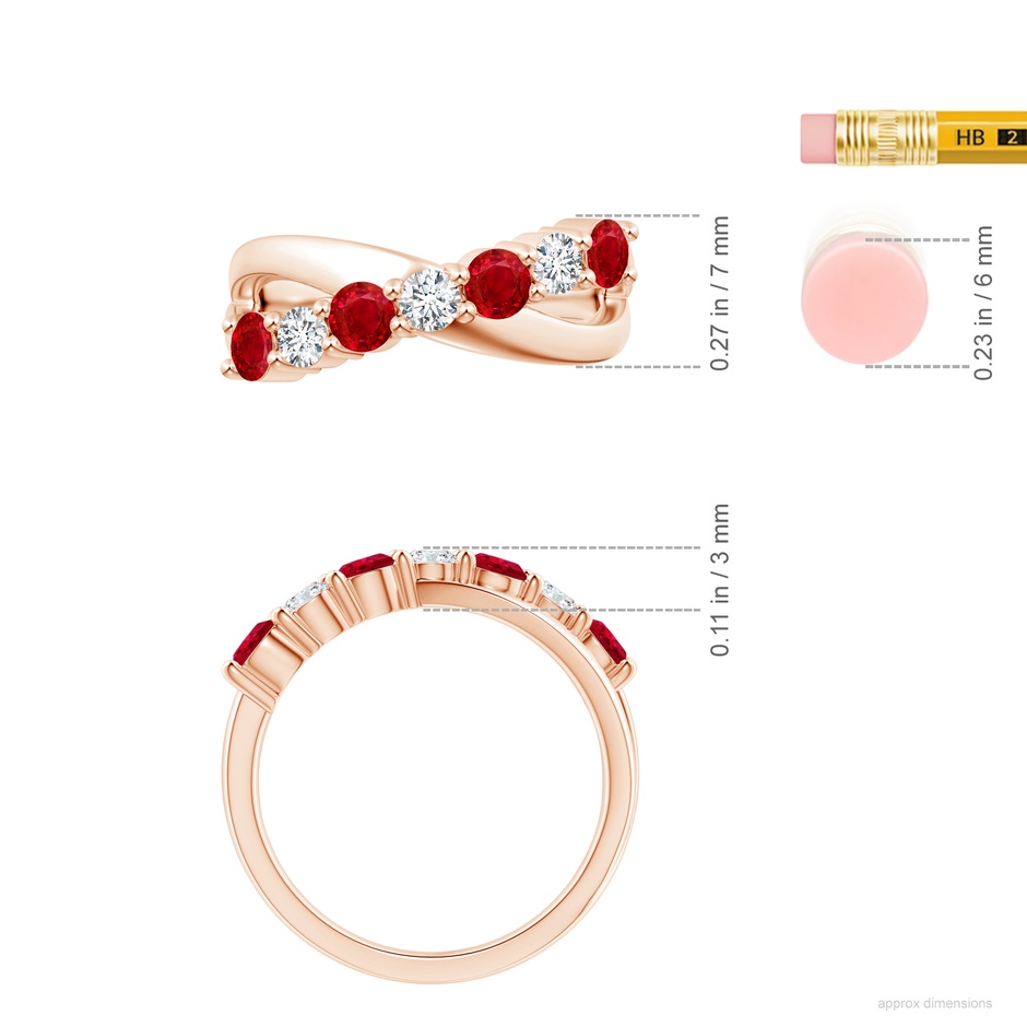 3.5mm AAA Round Ruby and Diamond Crossover Ring in Rose Gold ruler