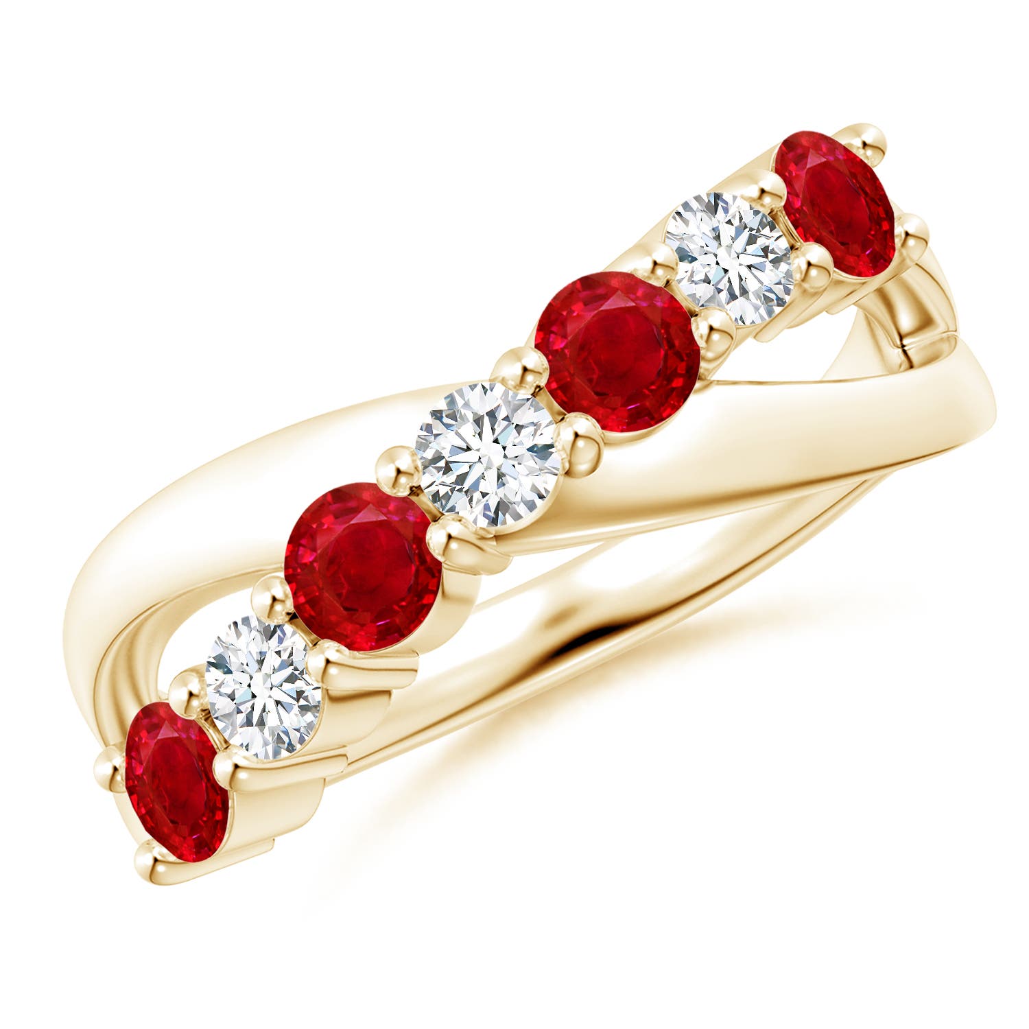 3.5mm AAA Round Ruby and Diamond Crossover Ring in Yellow Gold