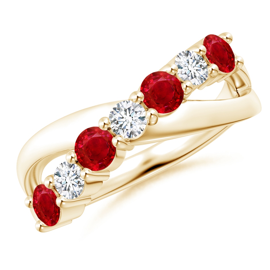 3.5mm AAA Round Ruby and Diamond Crossover Ring in Yellow Gold 
