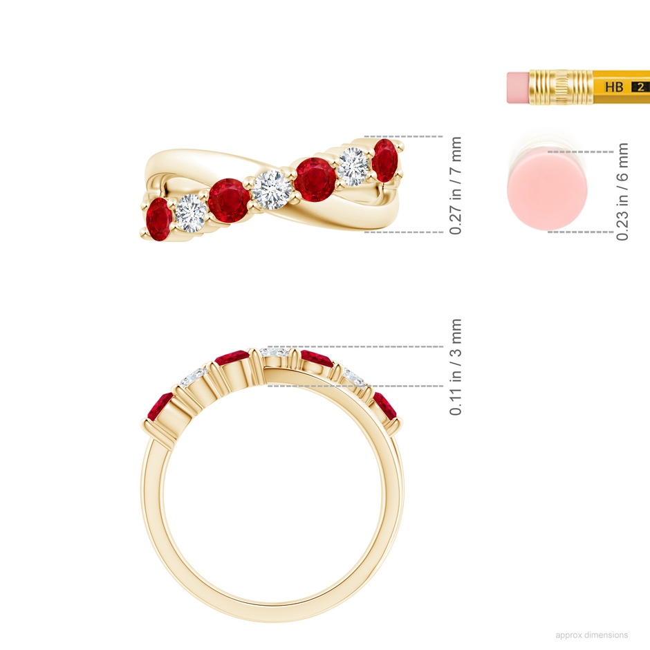 3.5mm AAA Round Ruby and Diamond Crossover Ring in Yellow Gold ruler