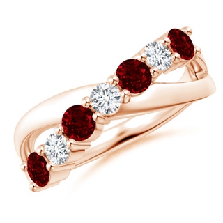 3.5mm AAAA Round Ruby and Diamond Crossover Ring in 18K Rose Gold